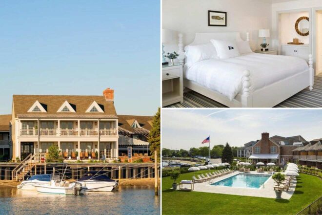A collage of three hotel photos to stay in The Hamptons: a waterfront hotel facade with boats docked nearby, an airy bedroom with nautical accents and a soft color palette, and a pool area with abundant lounge chairs and an American flag fluttering in the breeze