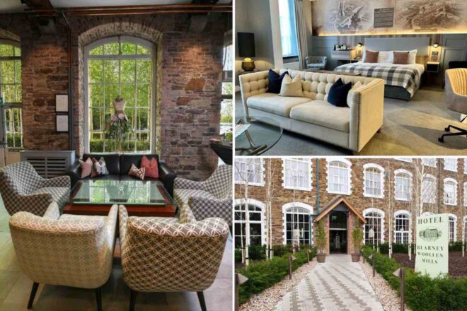 A collage of three hotel photos to stay in Cork, Ireland: a cozy sitting area with brick walls and patterned chairs, a spacious bedroom with a blend of modern and rustic decor, and a welcoming hotel entrance with a brick facade and a sign for "Blarney Woollen Mills