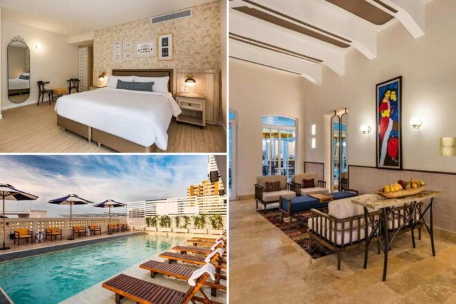 A collage of three hotel photos to stay in Cartagena: a bedroom with stylish art and a full-length mirror, a pool deck with umbrellas and loungers under the sun, and an inviting lounge area with comfortable seating and vibrant artwork.