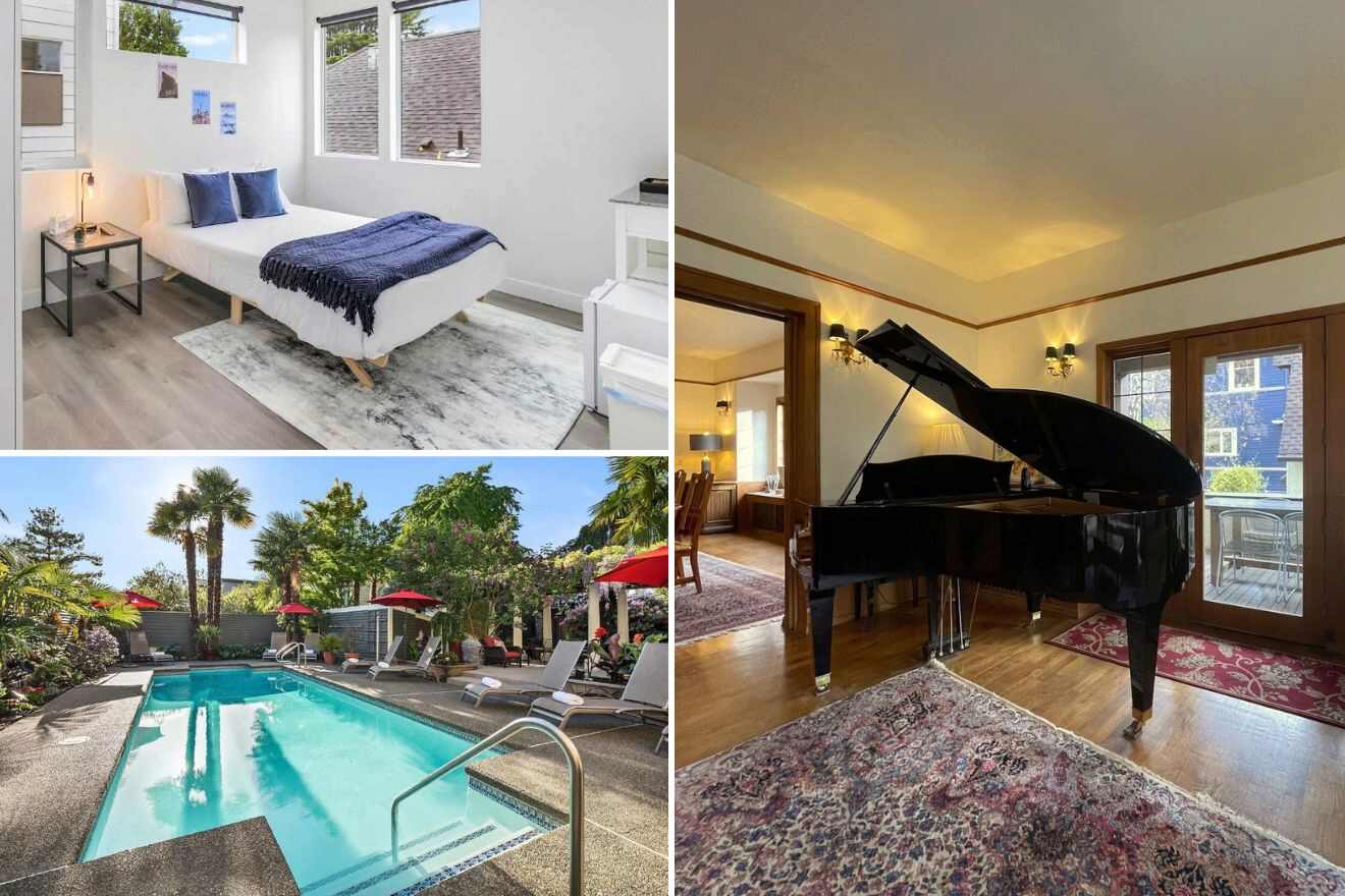 A collage of three hotel photos to stay in Seattle: a minimalistic bedroom with a blue accent, a lush poolside with tropical plants, and a cozy living room with a grand piano.