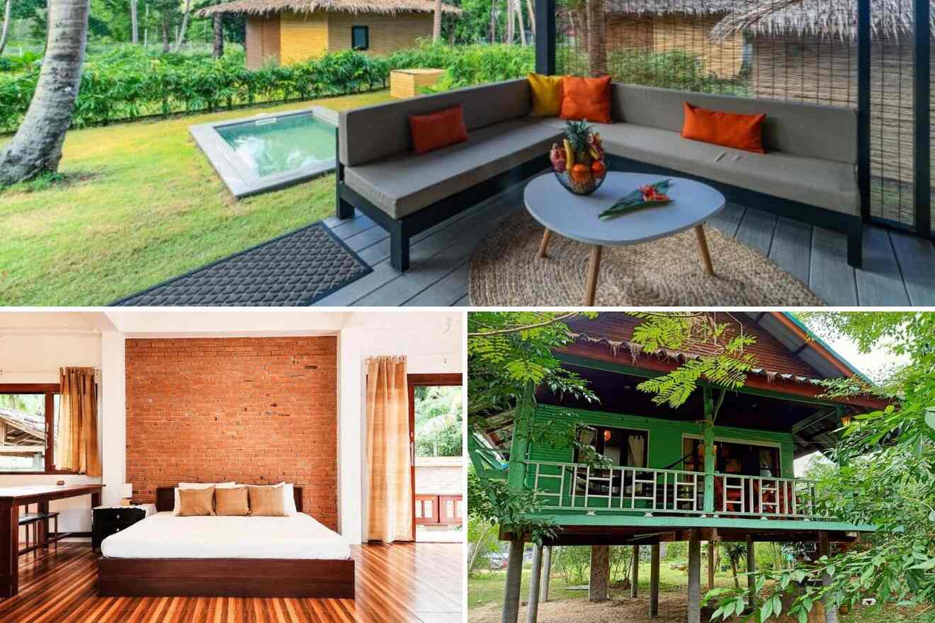 A collage of three hotel photos to stay in Chaloklum, Koh Phangan: a sleek outdoor lounge with a private pool, a bedroom with brick walls and wooden flooring, and a raised green-painted bungalow in a lush setting.