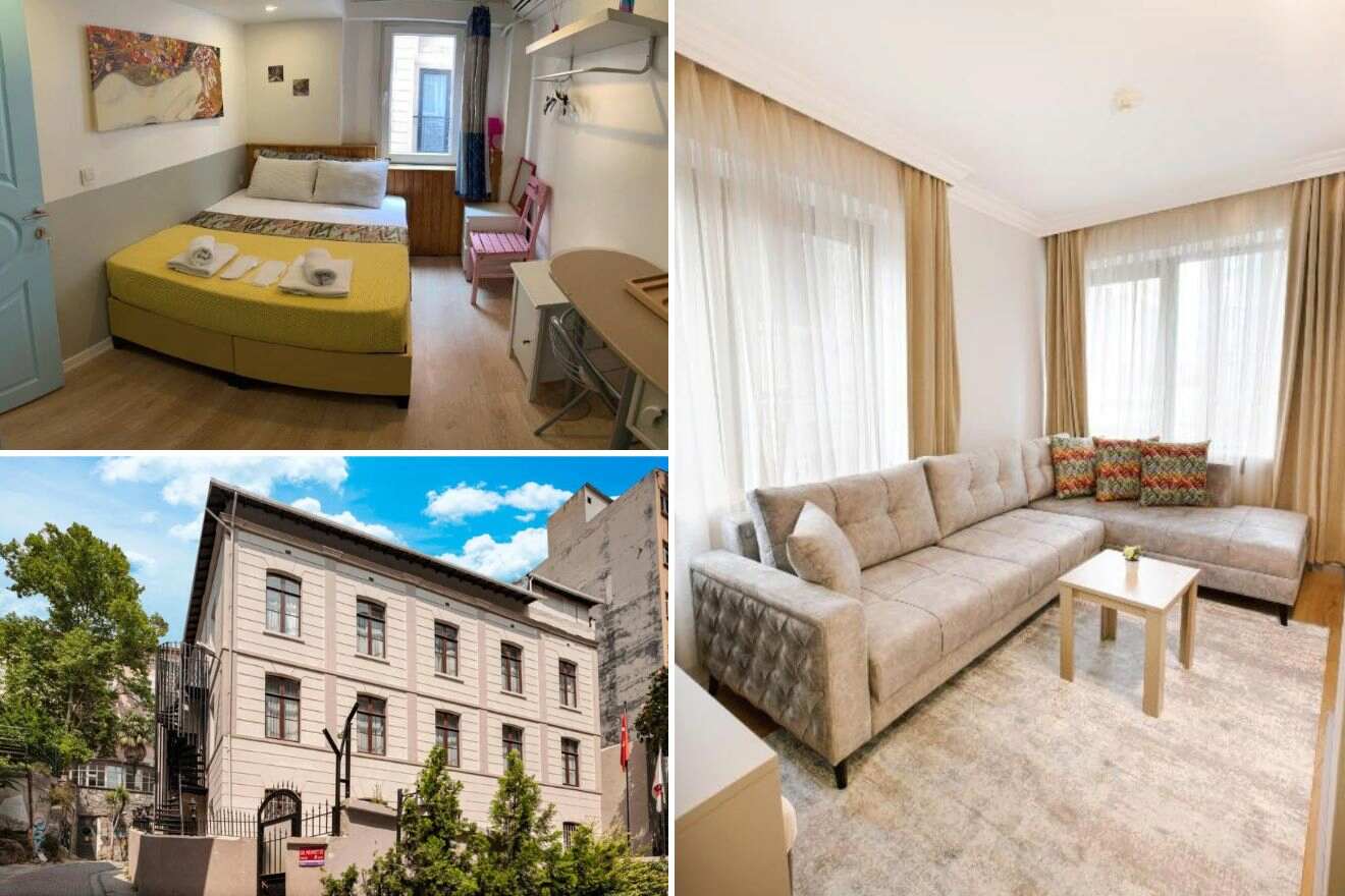 A collage of three hotel photos to stay in Cihangir, Istanbul: A colorful bedroom with abstract art, a living room with a large sectional sofa and natural light, and the traditional facade of a family-friendly Istanbul hotel