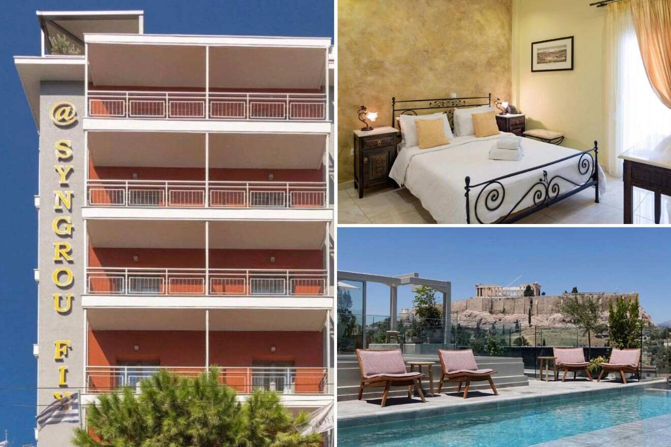 A collage of three hotel photos to stay in Athens: The hotel's multi-story facade with a bold sign, a rustic-style bedroom with warm tones, and a luxurious poolside area with a view of the Acropolis.