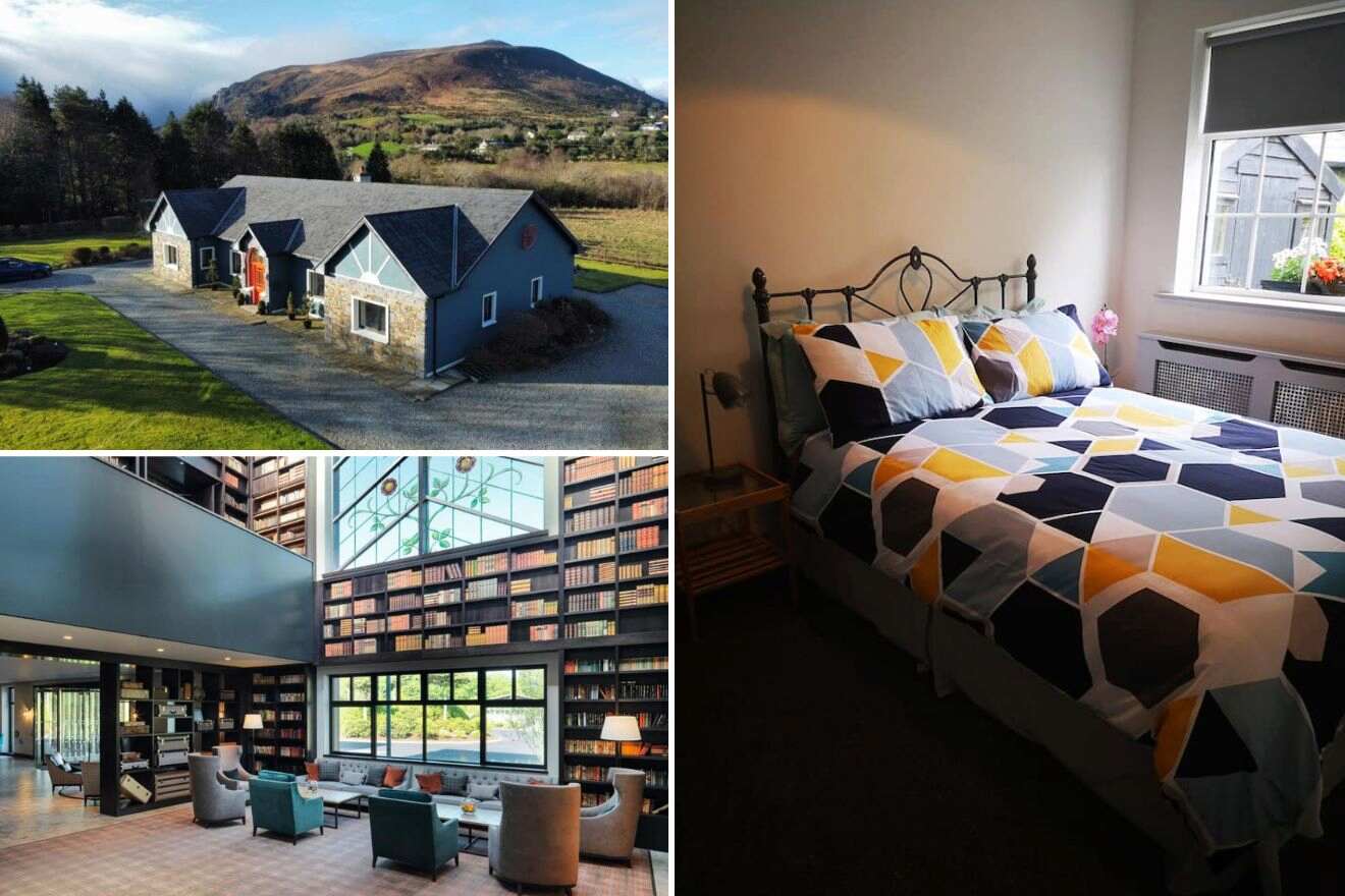 A collage of three hotel photos to stay in Killarney: a cozy cottage set against a mountain backdrop, a spacious modern library with floor-to-ceiling bookshelves, and a bedroom with geometric bedding patterns and a view