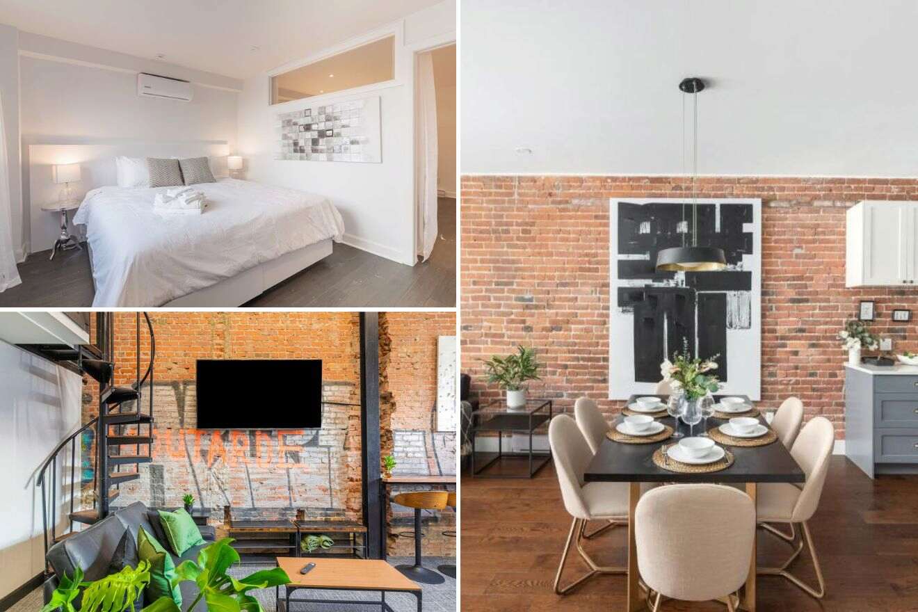 A collage of three hotel photos to stay in Mile End Montreal, including a spacious bedroom with white linens and a small office area, an urban loft with exposed brick and contemporary furnishings, and a chic dining area with a modern kitchen and a table set for six