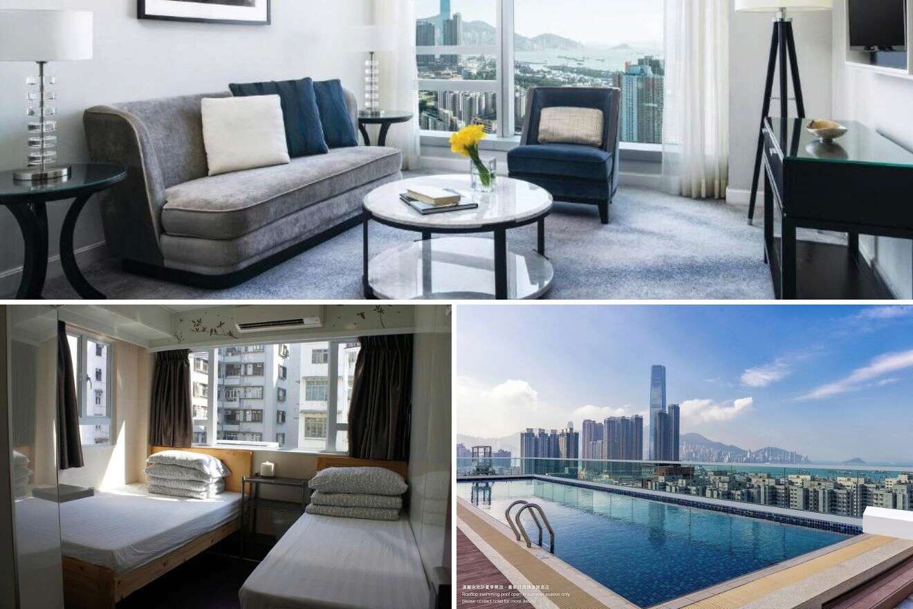 A collage of three hotel photos to stay in Mong Kok & Yau Ma Tei, Hong Kong, showing a dual-bedroom with minimal furnishings, an elegant living area with plush seating, and an expansive suite with a long, comfy couch and city views
