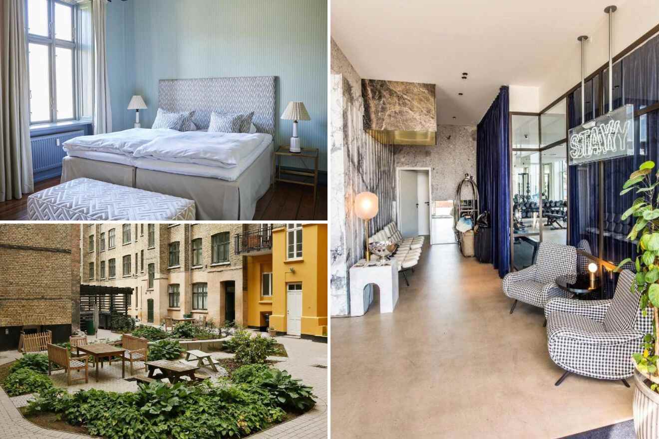 A collage of three hotel photos to stay in Copenhagen: A serene blue bedroom with elegant patterns, a spacious courtyard with outdoor seating, and a stylish hotel lobby with dark wood accents and a 'STAY' neon sign.