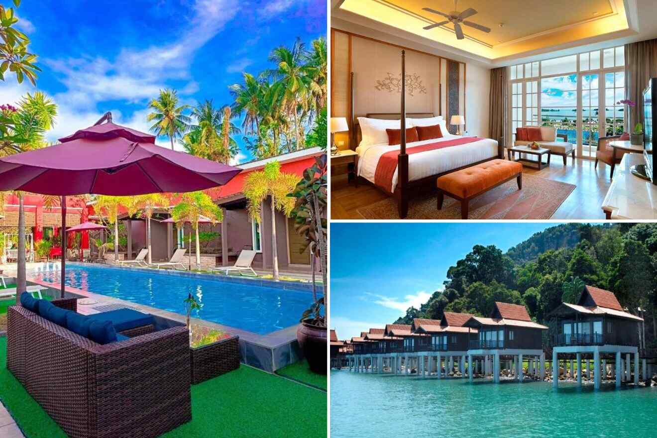 A collage of three hotel photos to stay in Pantai Kok, Langkawi: a vibrant outdoor pool area complete with umbrellas and loungers, a four-poster bed in a room with elegant traditional decor and a scenic window view, and overwater bungalows set against a backdrop of lush tropical forest.