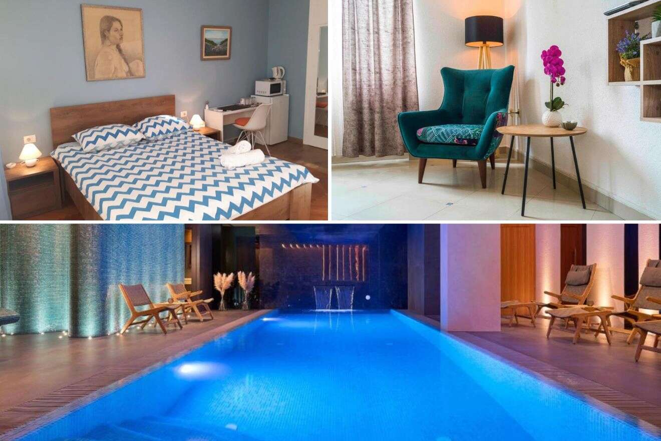 A collage of three hotel photos to stay in Split: A serene bedroom with a zigzag-patterned blue bedspread and a portrait on the wall, a cozy corner with a plush teal armchair and a wood-top side table, and a tranquil indoor pool with a wooden deck and mood lighting