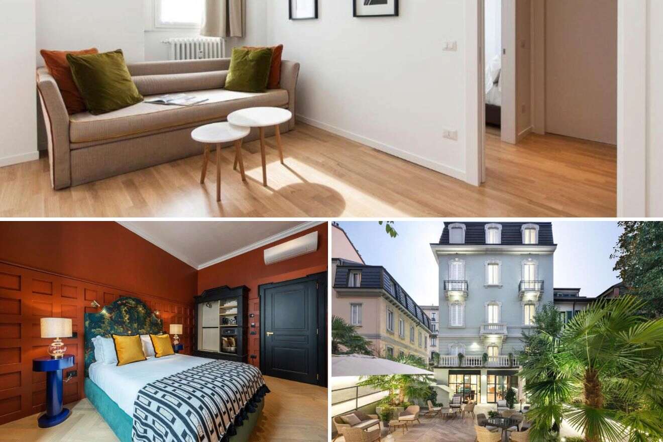 A collage of three hotel photos to stay in Porta Venezia & Quadrilatero d’Oro, Milan: a living room with a beige sofa set and a pair of nesting coffee tables, a vibrant bedroom with blue and orange decor, and a lush outdoor seating area with patio furniture.