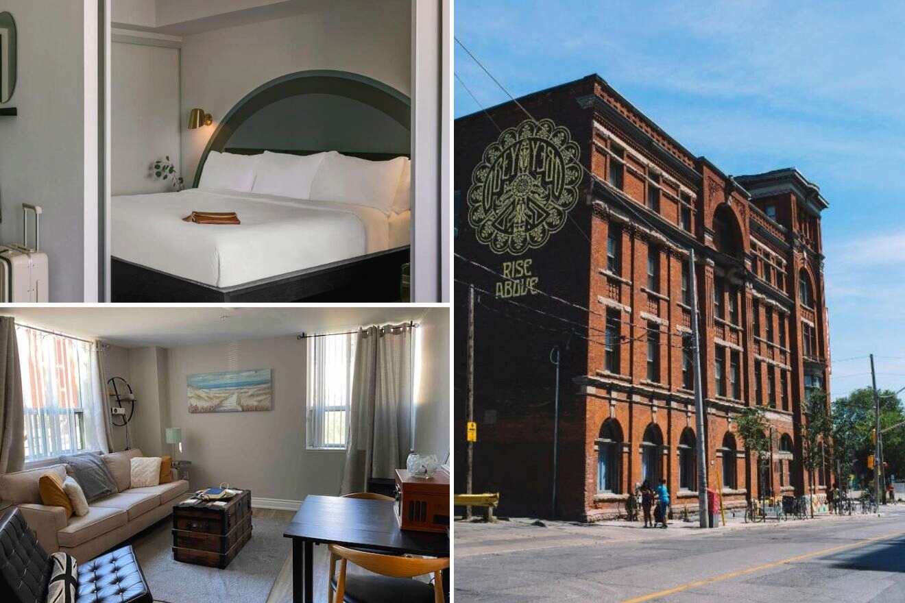 A collage of three hotel photos to stay in West Queen, Toronto: a minimalist bedroom with a round mirror above the bed, a living room with modern furnishings and soft lighting, and the exterior of a historic brick building with a bold mural.