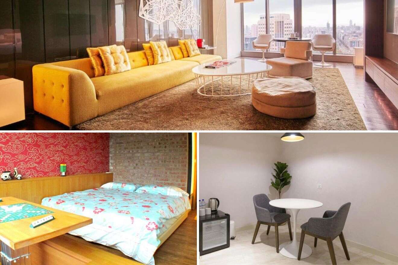 A collage of three hotel photos to stay in Taipei: a spacious living room with a mustard yellow sofa and chic decor, a bedroom with fun, patterned wallpaper and a brick accent wall, and a minimalist dining area with simple, elegant furniture.