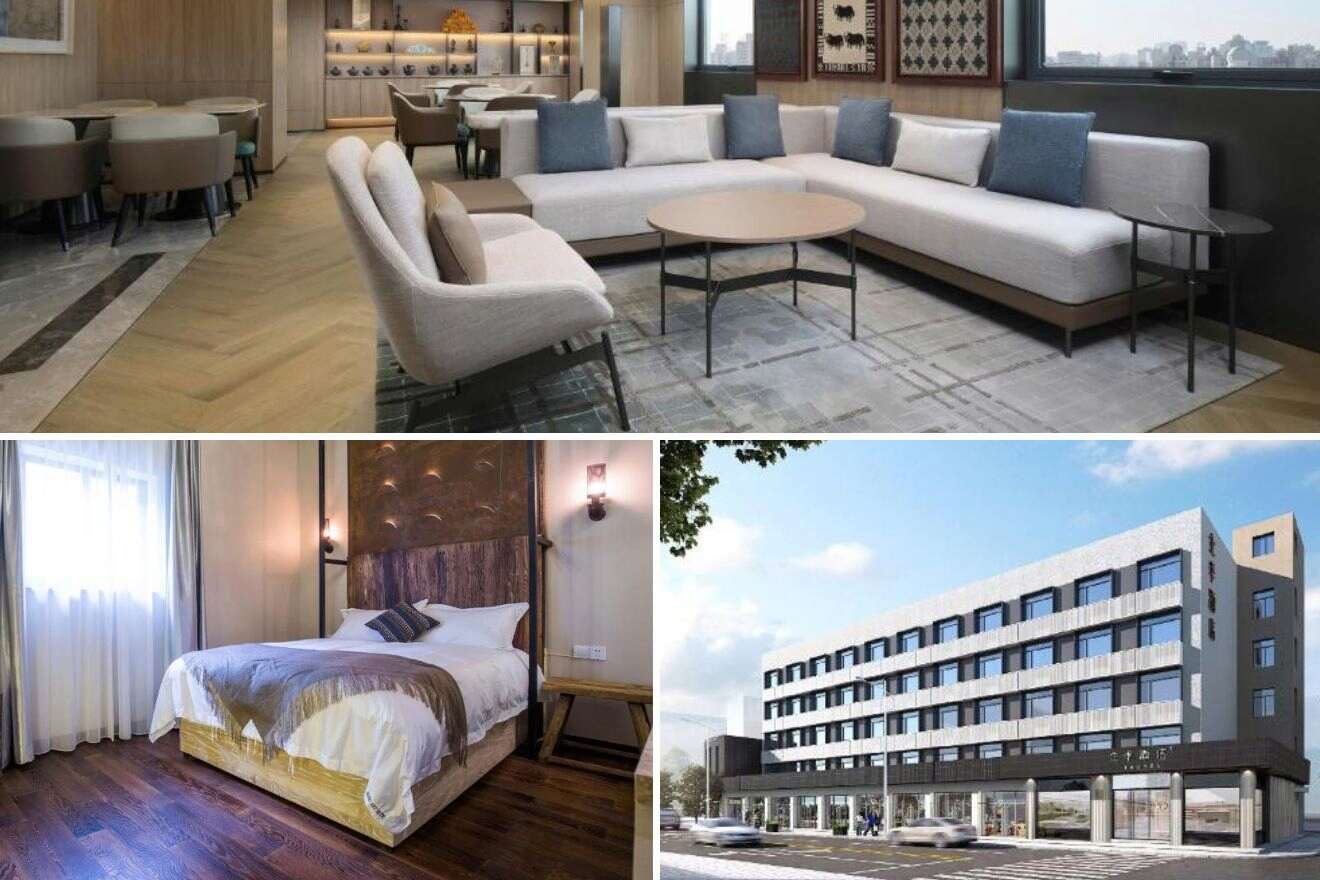 A collage of three hotel photos to stay in Xujiahui Shanghai: an elegant lounge space with a sectional sofa and modern art pieces, a warm-toned bedroom with rich wood accents, and a contemporary hotel exterior with a streamlined design