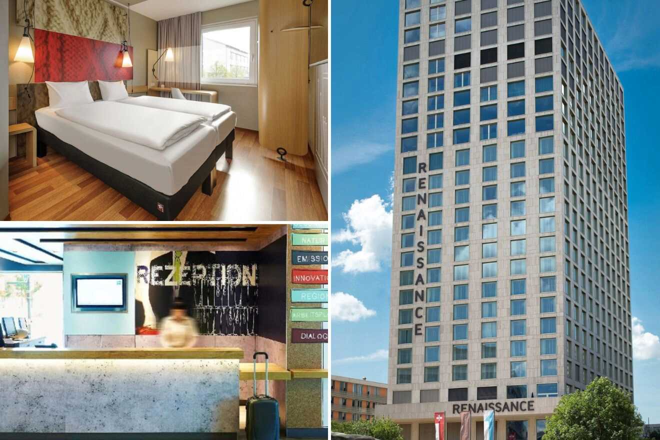 A collage of three hotel photos to stay in Zurich West for couples: a stylish room with a unique headboard and mood lighting, a hip hotel reception with graffiti art, and a tall hotel building with 'RENAISSANCE' displayed prominently
