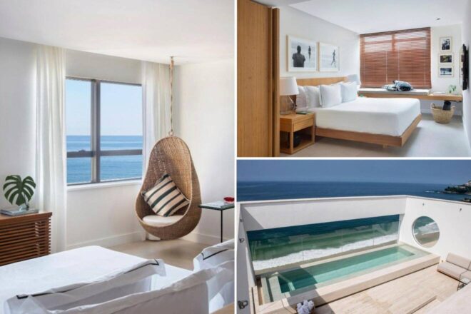 A collage of three photos of hotels to stay in Rio: A cozy corner with a hanging wicker chair and ocean view, a peaceful bedroom with natural wood tones and artwork, and a rooftop pool with a unique circular opening framing the sea