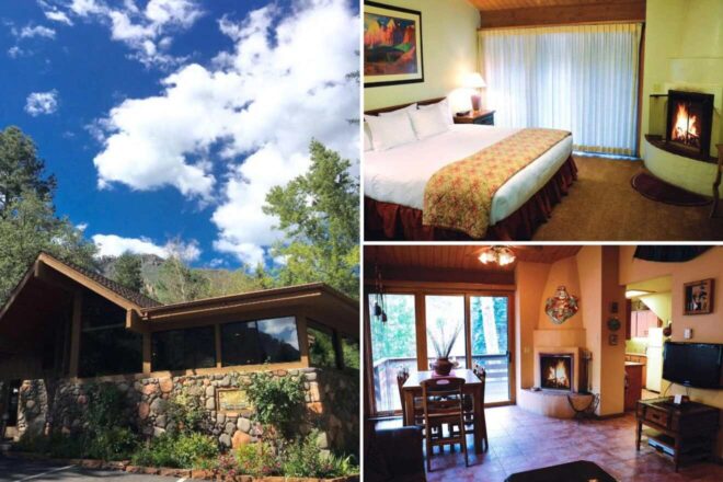 A collage of three scenic lodging options in Sedona: a picturesque lodge nestled among pine trees under a clear blue sky, a cozy bedroom with a warm fireplace and rustic charm, and a comfortable living space with a dining area that opens to a view of the verdant outdoors