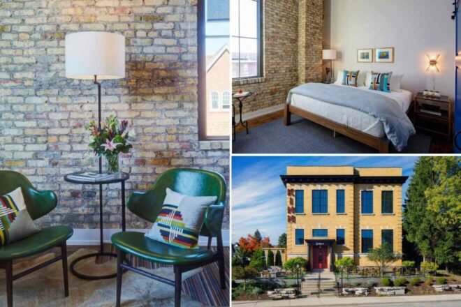 A collage of three hotel photos to stay in Milwaukee: a chic lounge area with velvet chairs against an exposed brick wall, a serene bedroom with minimalist decor and artwork, and the classic facade of a boutique hotel surrounded by lush greenery.