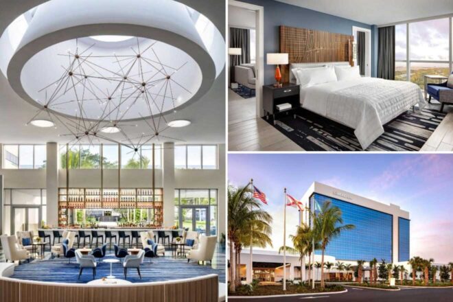 A collage of three hotel photos to stay in Fort Lauderdale: a grand lobby bar under a striking, star-like light fixture, a modern hotel room with chic furnishings and a city view, and an impressive hotel exterior with a sleek, blue glass facade.