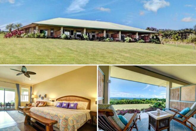 A collage of three hotel photos to stay in the Big Island: A country-style bedroom with floral bedding and a patio view of the rolling hills, a panoramic balcony offering breathtaking views of the landscape, and an aerial shot of a sprawling ranch-like property