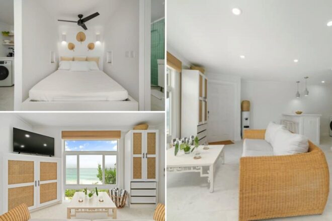 A collage of three hotel photos to stay in Nassau: An intimate studio with a cozy bed nook, a minimalist living space with oceanfront views, and a contemporary white living room with hints of natural textures and a relaxing ambience.