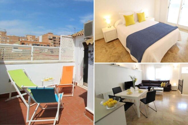 A collage of three hotel photos to stay in Valencia: a colorful rooftop terrace with bright chairs and a cityscape view, a simple and elegant bedroom with white bedding and yellow accent pillows, and a modern living space with a black sofa and a white dining table with a bowl of lemons.