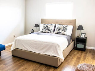 Bedroom in with a plush beige bed, stylish black bedside lamps, and a rustic blue bench, set on wooden flooring