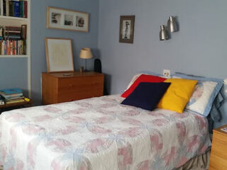 Comfortable and homely Blue Room with a single bed, bookshelf, and quaint décor