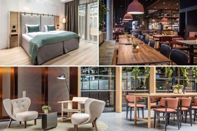 A collage of three hotel photos to stay in Oslo: a minimalist bedroom with wooden accents and large windows, a dining area with modern wooden tables and red pendant lights, and a casual seating area with neutral-toned furniture and dotted wall panels.