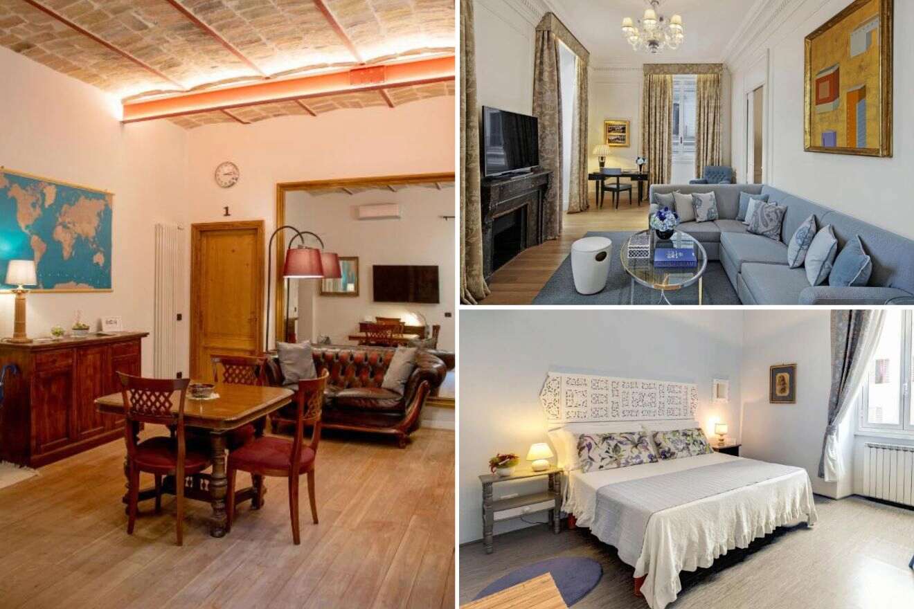 Three rooms are shown: a dining area with a table and chairs, a living room with a sectional sofa, and a bedroom with a double bed and two nightstands.