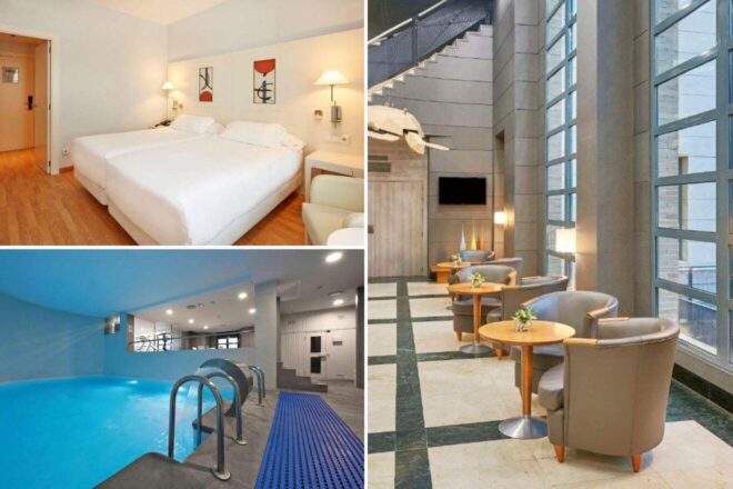 A collage of three hotel photos to stay in Valencia: a well-lit modern bedroom with minimalist art and furnishings, an indoor swimming pool with blue accents and poolside loungers, and a luxurious hotel lounge with high ceilings, large windows, and comfortable seating areas