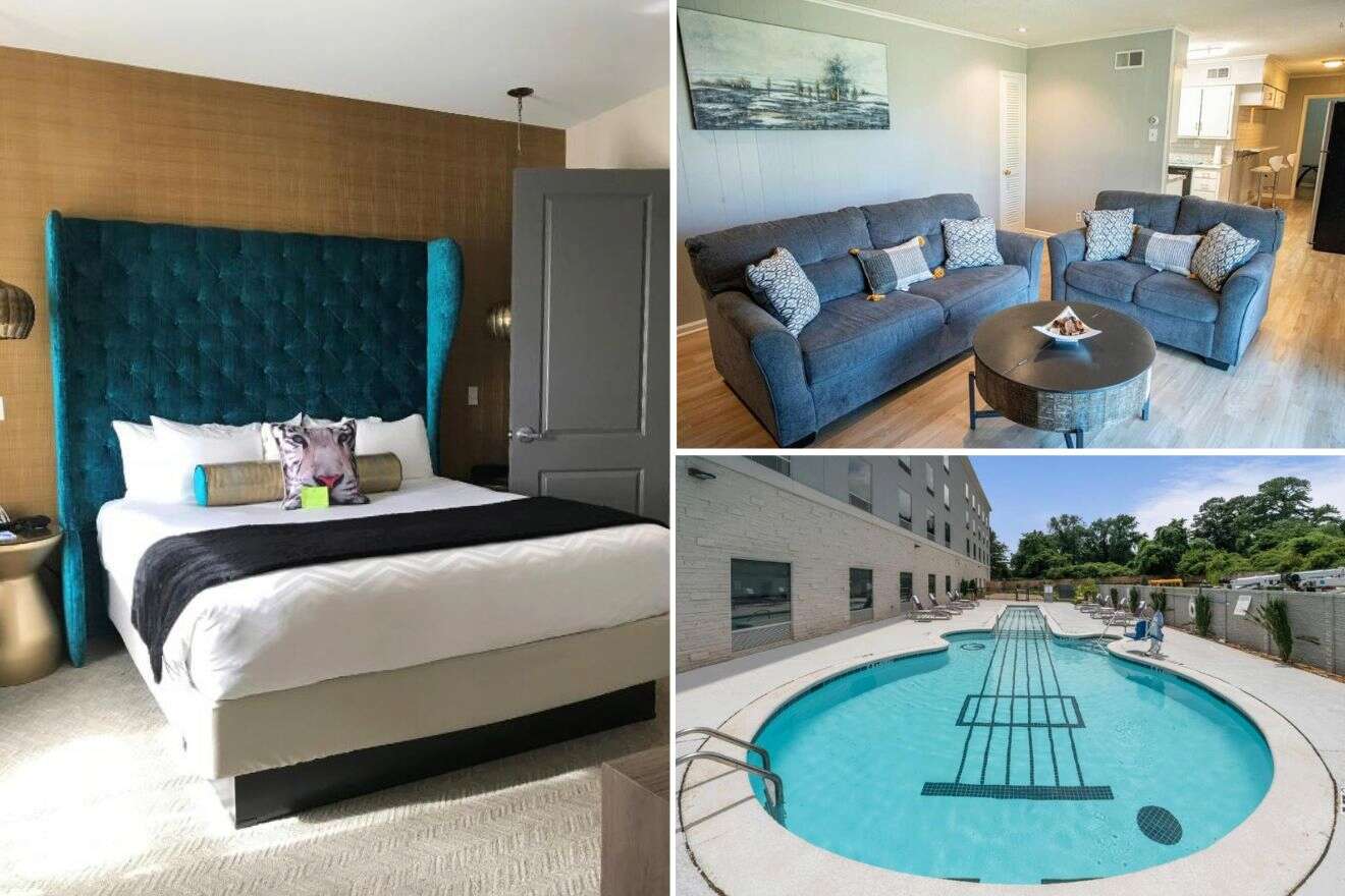 A collage of three hotel photos to stay in Memphis: a room with a vibrant teal headboard and chic decor, a spacious lounge with blue sofas and contemporary style, and an outdoor hotel pool area with lounging chairs and a unique guitar-shaped pool design