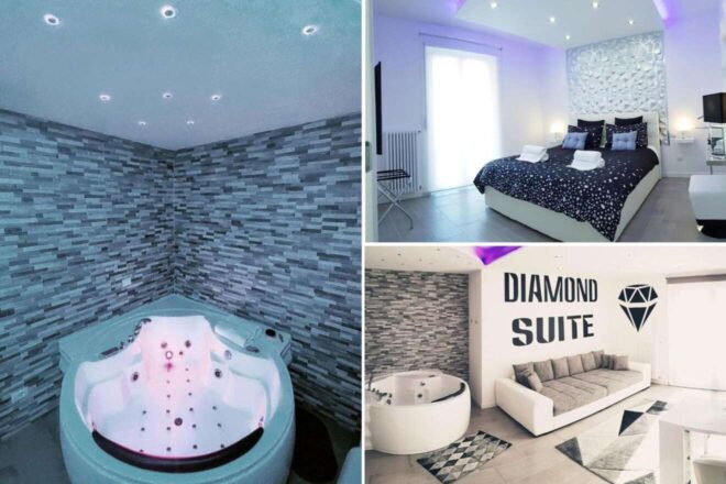 A collage of three hotel photos to stay in Verona: displaying a modern spa room with a multi-jet jacuzzi and cool blue lighting, a contemporary bedroom with a starry night theme and white decor, and a suite's lounge area with sleek furnishings and a 'Diamond Suite' wall graphic