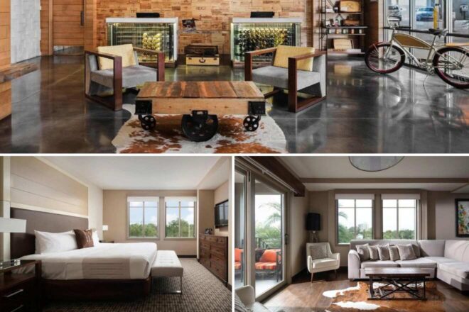 A collage of three images highlighting boutique hotel charm in Tampa: An industrial-chic lobby with unique furniture pieces, a well-appointed bedroom with modern amenities, and a bright living room with chic decor and access to a sunny balcony