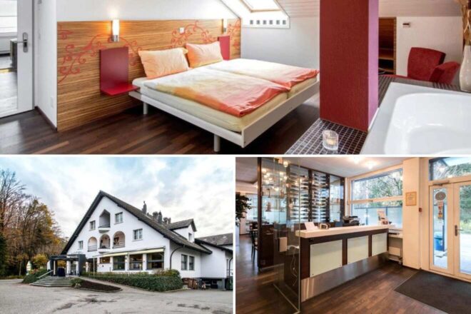 A collage of three hotel photos to stay in Lucerne: a bedroom with contemporary art and a vibrant red accent wall, the quaint exterior of a classic European hotel surrounded by trees, and a modern kitchen with a sleek wine glass display.