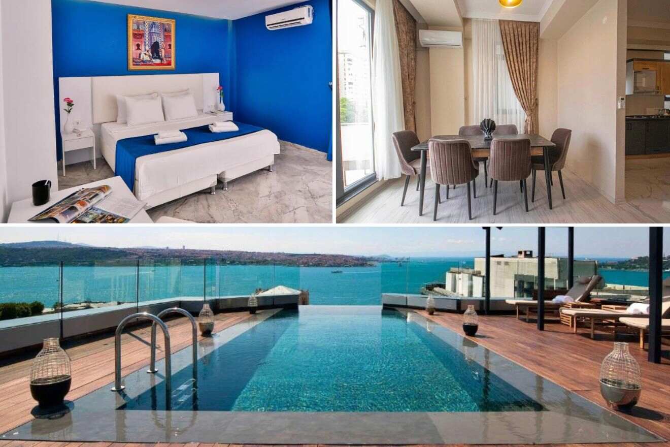 A collage of three hotel photos to stay in Besiktas, Istanbul: A bedroom with a striking blue accent wall and white bedding, an infinity pool with breathtaking views of the sea, and a dining room with floor-to-ceiling windows overlooking the waterfront.