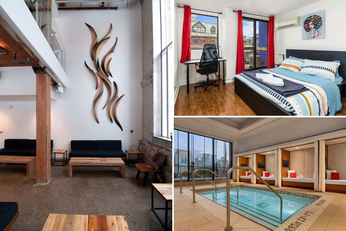 A collage of three hotel photos to stay in Chinatown & Kensington Market, Toronto: a loft-style room with artistic wall sculptures, a bedroom with exposed brick and colorful bedding, and an indoor pool area with large windows and a relaxing ambiance