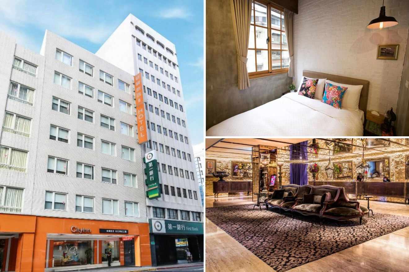 A collage of three hotel photos to stay in Taipei: a straightforward hotel exterior with an orange sign, a homey bedroom with colorful throw pillows and a quaint window view, and an opulent hotel lounge with elaborate wall decorations and a vintage couch