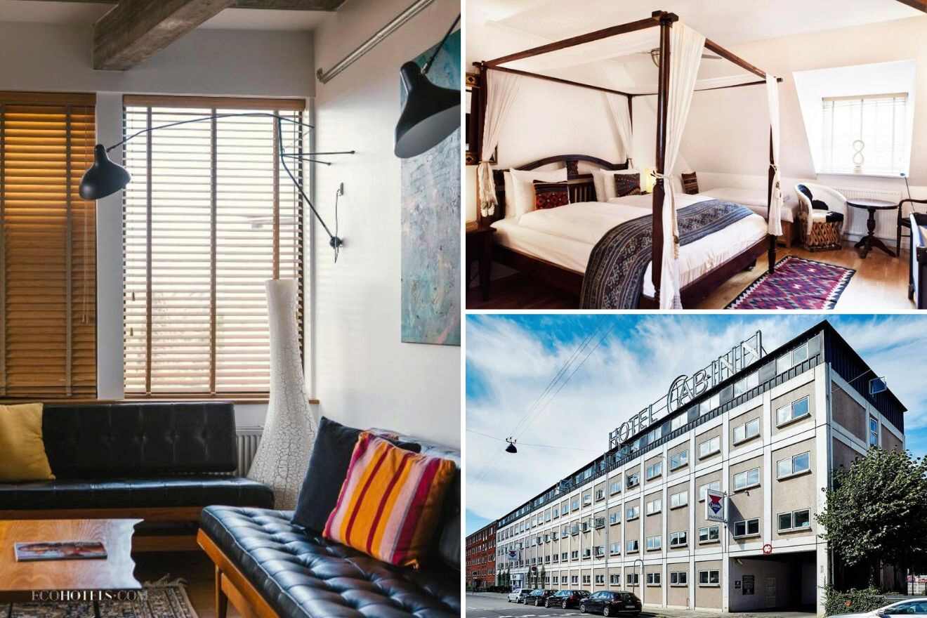 A collage of three hotel photos to stay in Copenhagen: A cozy living area with leather furniture and vibrant cushions, a bedroom featuring a four-poster bed with draping linens, and the exterior of a classic hotel with cable cars passing by.