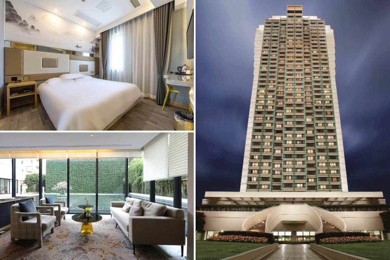 A collage of three hotel photos to stay in Jing’an Shanghai: a bright and airy bedroom with plush bedding, a living room with full-length windows and tasteful furnishings, and a grand hotel entrance with a distinctive architectural style