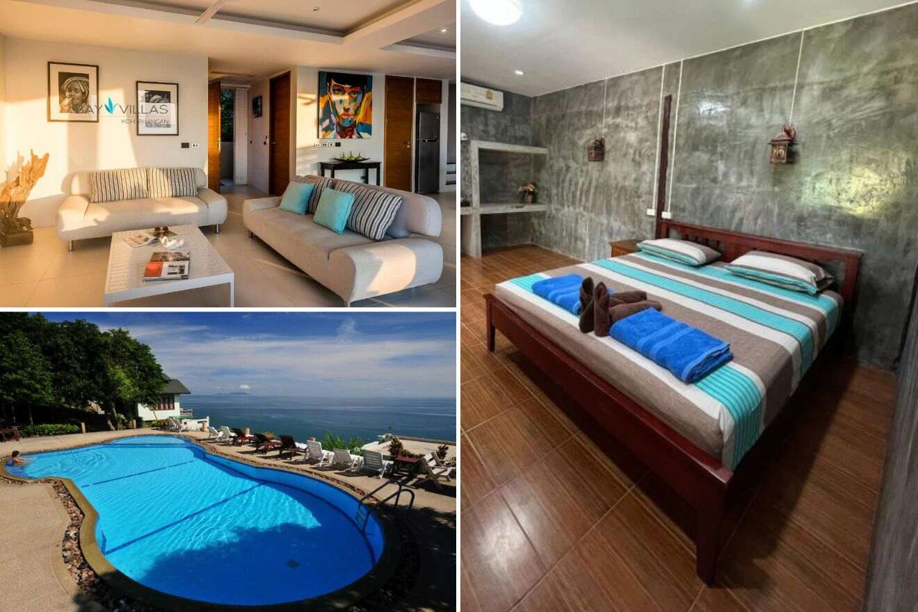 A collage of three hotel photos to stay in Mae Haad, Koh Phangan: a chic white-themed living area with artistic decor, a simple yet elegant bedroom with gray walls, and a curved pool with sea views and poolside seating.