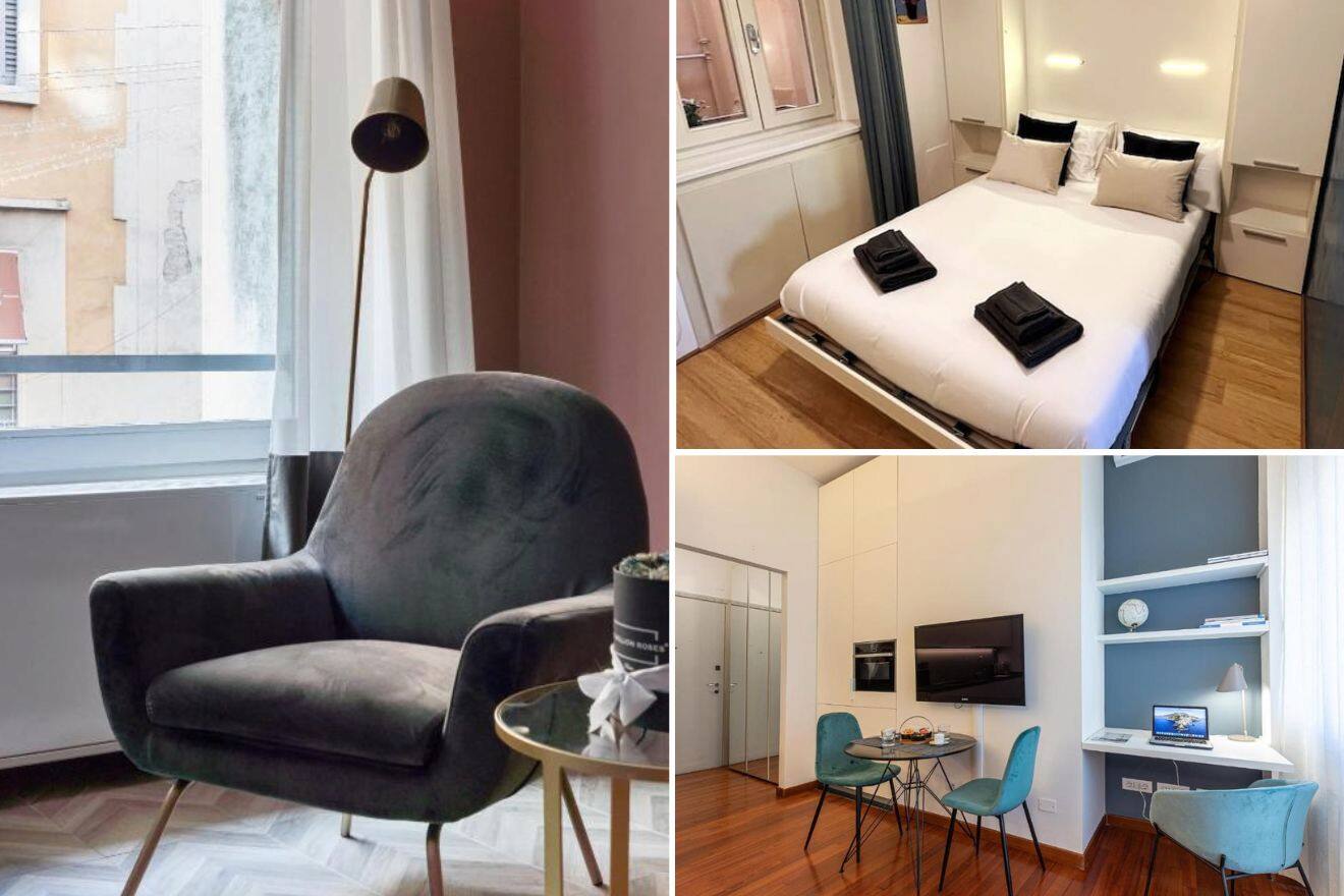 A collage of three hotel photos to stay in San Marco, Milan: a plush armchair and gold-toned side table creating a chic reading corner, a bedroom with a white double bed and black accents, and a modern office space with a teal desk chair