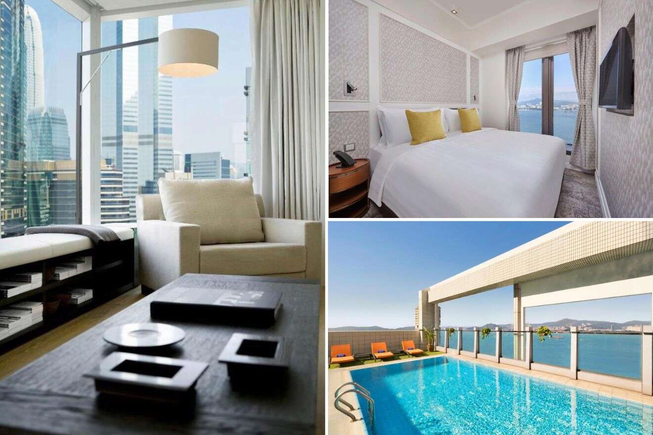 A collage of three hotel photos to stay in Sheung Wan, Hong Kong, capturing a luxurious bedroom with ample natural light, a chic living room with modern decor, and a rooftop infinity pool overlooking the harbor