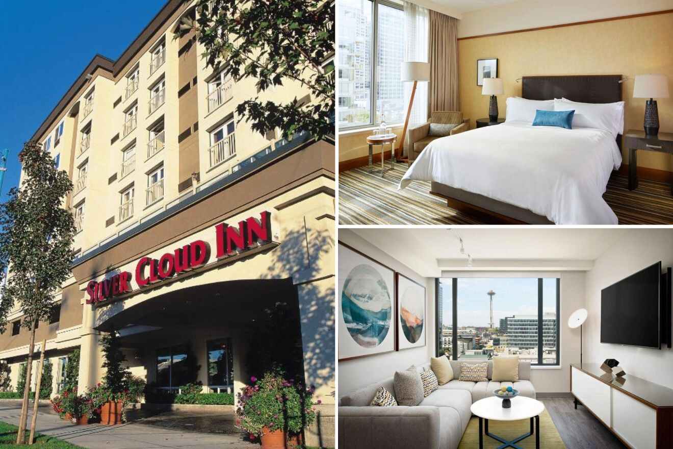 A collage of three hotel photos to stay in Seattle: the Silver Cloud Inn's classic exterior, a comfortable bedroom with a cityscape view, and a contemporary living room with modern art and furniture