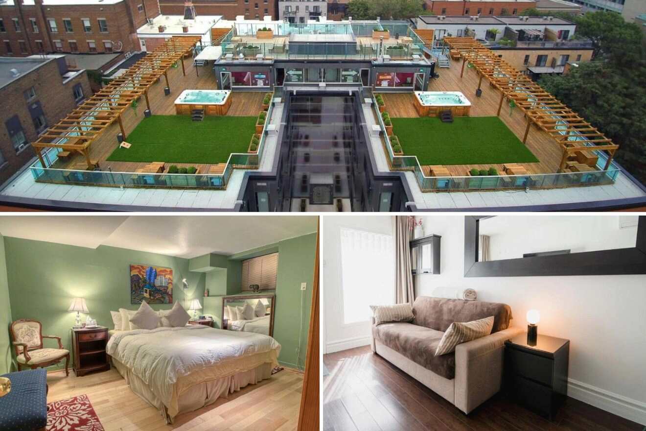 A collage of three hotel photos to stay in The Village Montreal, featuring a lush rooftop garden with seating and hot tubs, a traditional bedroom with soft lighting and classic furniture, and a simple living room with a comfortable couch