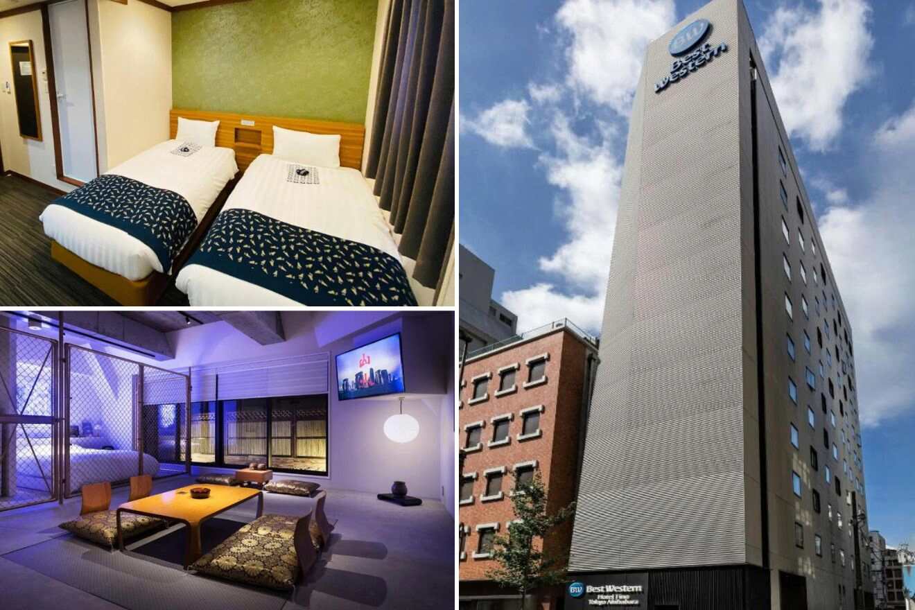 A collage of three hotel photos to stay in Ueno & Akihabara, Tokyo: A room with traditional Japanese decor, a hotel facade with a unique, modern design, and a bedroom with vibrant color accents and manga artwork.
