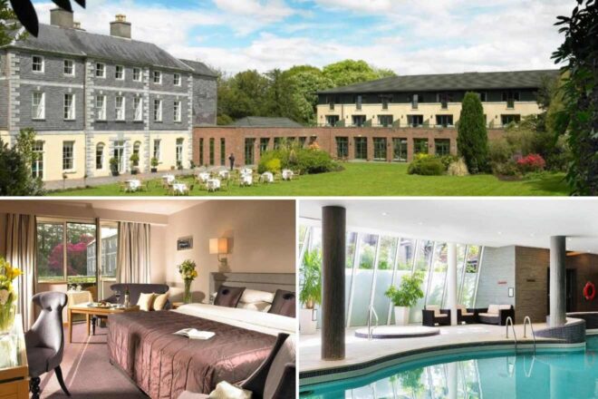 A collage of three hotel photos to stay in Cork, Ireland: a stately gray stone building with outdoor seating, a comfortable room with large windows and a floral arrangement, and a serene spa area with an indoor pool and lounging space.