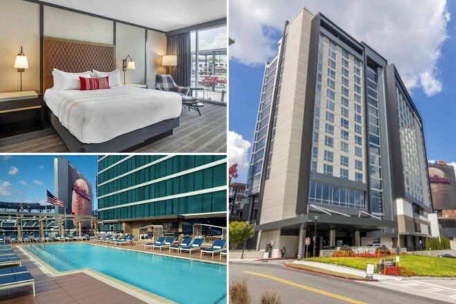 A collage of three hotel photos in Atlanta: A luxurious bedroom with a striped accent pillow and large windows, a rooftop pool with loungers overlooking the city, and a view of the hotel's modern facade with a welcoming entrance.