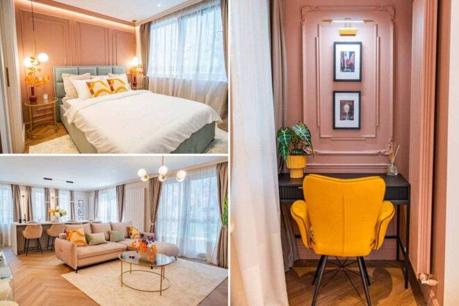 A collage of three hotel photos to stay in Bucharest: a bedroom with a pastel pink wall and green headboard, a living room with chic decor and pops of orange, and a snug corner with a classic writing desk and yellow chair.