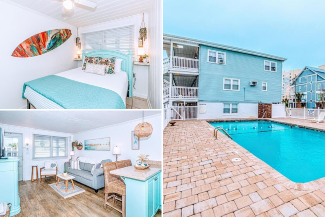 A collage of three Myrtle Beach vacation rentals: a colorful bedroom with a surfboard decor, a light-filled living room with beachy vibes, and a family-friendly outdoor pool with a blue house in the background