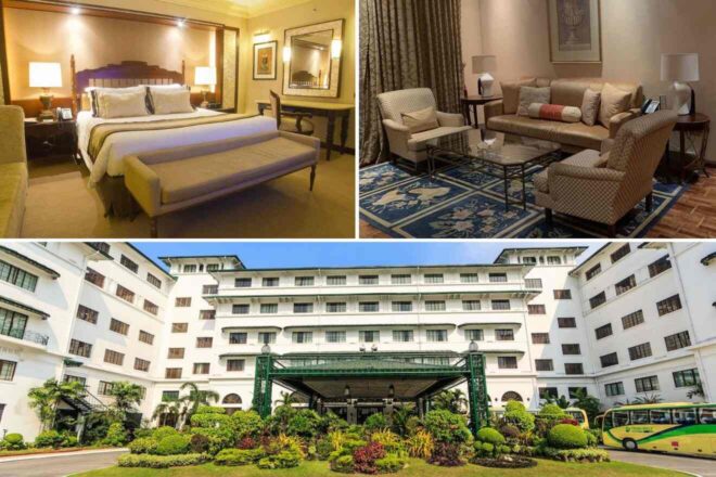 A collage of three images from The Manila Hotel perfect for leisure travelers: A luxurious bedroom with elegant furnishings, a spacious living area with plush seating, and the hotel's historic white exterior with lush green gardens.